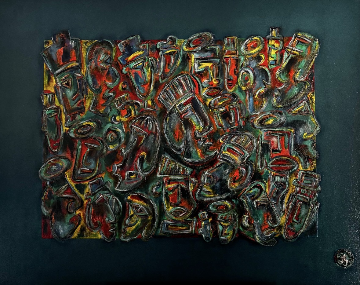 Moaïs verts, peinture à l'huile sur toile, Philippe du Cheyron