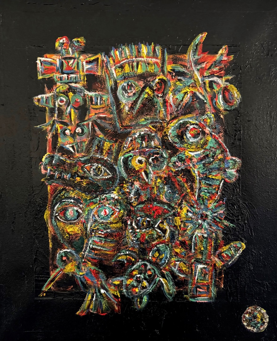Totem amérindien, peinture à l'huile sur toile, Philippe du Cheyron